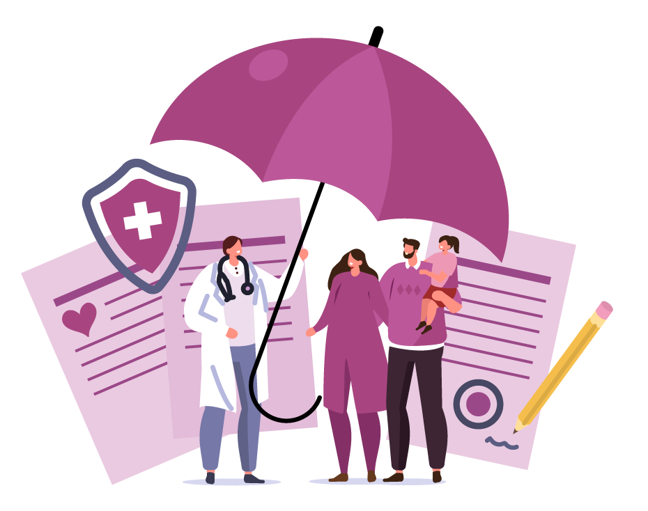 illustrazione che rappresenta un medico che protegge con un ombrello una famiglia, sullo sfondo alcuni moduli cartacei